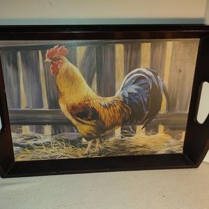 Wooden Serving Tray Rooster Print Signed Laurie Snow Hain in Bottom
